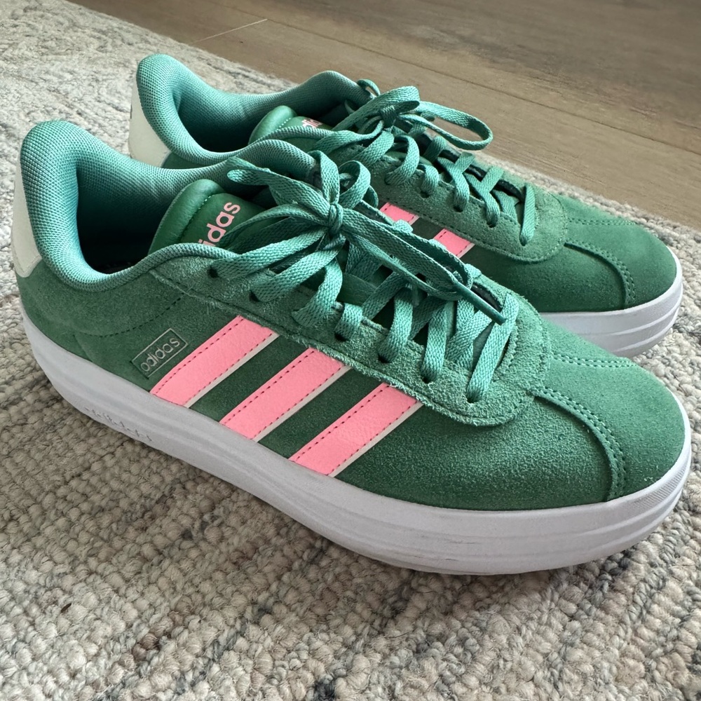 Adidas Green Sneakers with Pink Stripes